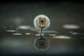 Wall Mural - dandelion seed head floating on lake surface, created with generative ai