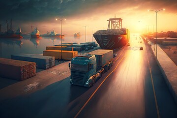 Wall Mural - Wide sea berth in cargo port with cranes and moored vessels, created with generative ai