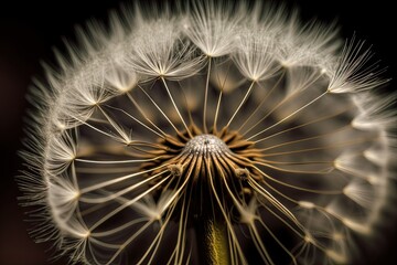 Poster - close-up of dandelion seed head, with fluff and seeds visible, created with generative ai