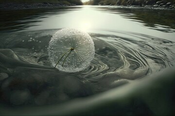 Poster - dandelion seed floating on smooth river, created with generative ai