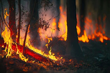 Wall Mural - Flaming trees and sparks from fire during forest wildfire, created with generative ai