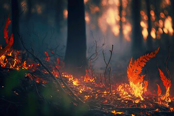 Poster - Burning branches and tree trunks and vegetation during forest wildfire, created with generative ai