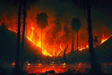 Wall Mural - Burning branches and tree trunks and vegetation during forest wildfire, created with generative ai