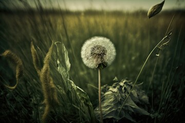 Poster - dandelion growing among tall grass in the field, created with generative ai