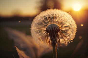 Poster - dandelion seed head with the sun shining in the background, created with generative ai