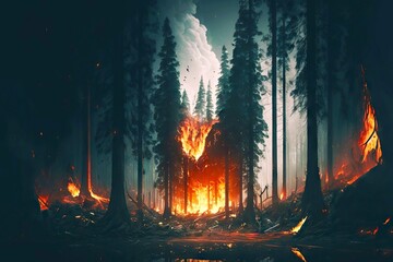 Poster - Flames engulfing tall trees during forest wildfire, created with generative ai