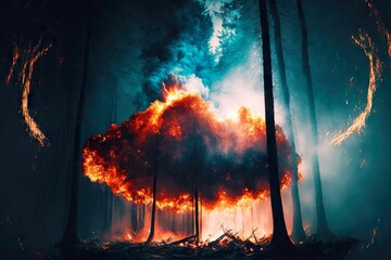 Poster - Bright and hot fire engulfing forest during forest wildfire, created with generative ai