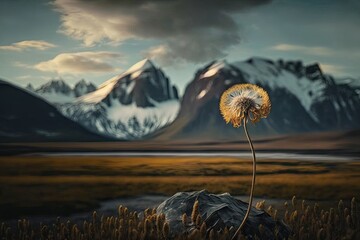 Poster - dandelion in the windswept wilderness, with towering mountains in the background, created with generative ai