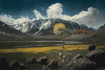 Poster - dandelion in the windswept wilderness, with towering mountains in the background, created with generative ai