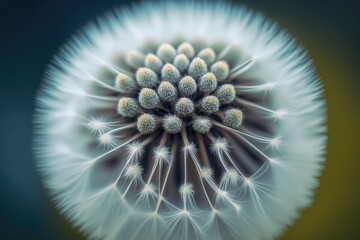 Sticker - macro of dandelion seed head surrounded by fluffy white seeds, created with generative ai