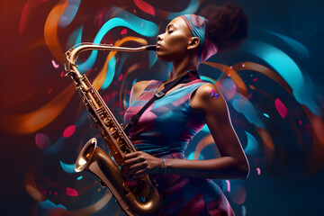 Black Woman playing on saxophone, ai generative illustration