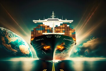 Sticker - Large cargo ship with lit lights goes to harbor, global business logistics, created with generative ai