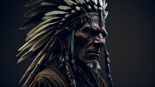 An Old American Indian Chief, Semi-profile, Wrinkled Face, Bright Brown Eyes, Weathered Skin, Highly Detailed, War Paint, War Bonnet.