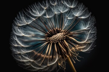 Wall Mural - close-up of dandelion seed head with seeds ready to fly away, created with generative ai