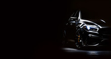 Black Generic Unbranded Luxury Sport Car On A Black Background, Banner, Illustration Ai Generative