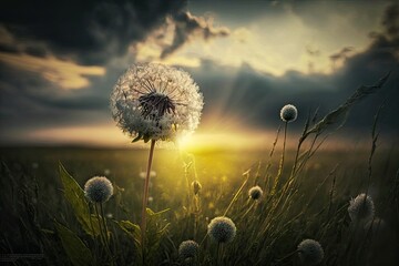 Wall Mural - dandelion blooming in meadow, with sun shining through the clouds, created with generative ai