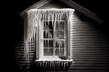 Sticker - Glass window of wooden house with icicle on house hanging down, created with generative ai