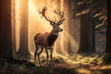 Poster - deer standing in warm rays of the sun, with beautiful green forest in the background, created with generative ai