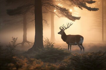 Poster - spring dawn with deer in the misty forest, created with generative ai