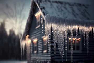 Sticker - Long transparent icicle on house hanging along wall of wooden house, created with generative ai