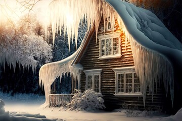 Sticker - Two-storey rustic wooden house with white icicle on house, created with generative ai