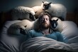Illustration eines Mannes zum Schafe zählen. Spruch, wenn man nicht einschlafen kann, soll man Schafe zählen.. Generativ KI 