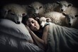 Illustration einer Frau zum Schafe zählen. Spruch, wenn man nicht einschlafen kann, soll man Schafe zählen. Generativ KI 