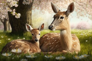 Poster - doe and fawn resting in sunny meadow, with the scenery of spring blooms, created with generative ai