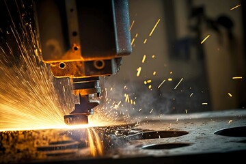 Canvas Print - Flying sparks from machine during metal processing, created with generative ai