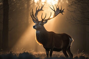 Poster - an enormous buck with its head raised and antlers shining in the sunlight, created with generative ai