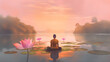 Beautiful yoga woman meeting sun, sitting on stone in Lotus pose. Breathing exercises and meditation at mountain lake