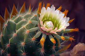 Canvas Print - close-up of cactus flower in bloom, surrounded by spiky leaves, created with generative ai