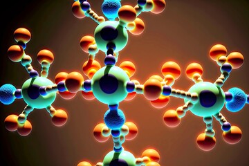 Poster - Orange green illuminated model molecule closeup structure, created with generative ai