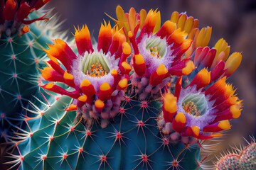 Wall Mural - close-up of cactus plant with its spiny needles and colorful blooms, created with generative ai