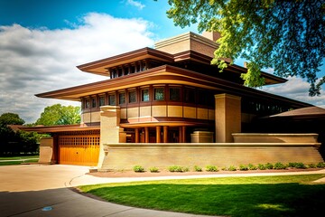 Canvas Print - Traditional oriental architecture in America prairie style house exterior, created with generative ai