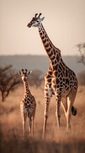 Masai Giraffes Walking In The Dry Grass Of Savanna, Generative Ai