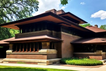 Canvas Print - Suburban mansion in Asian traditions prairie style house exterior, created with generative ai