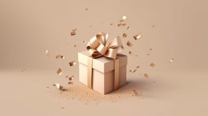 Wall Mural - 3D gift box with gold ribbon bow on beige pastel background. Present mockup for cosmetic product. Copy space banner for birthday, Valentine's Day or Christmas. Realistic design with confetti