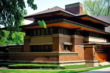 Sticker - Large beautiful mansion in modern Asian design prairie style house exterior, created with generative ai