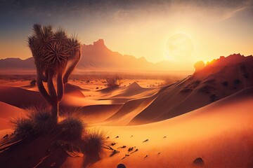 Wall Mural - desert landscape with cactus and sand dunes at sunrise, with the rising sun shining through, created with generative ai