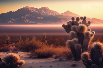 Wall Mural - desert sunrise with cacti, dunes, and distant mountain range in the background, created with generative ai