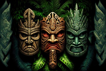 Poster - Three creepy ritual tiki mask made of wood against backdrop of jungle, created with generative ai