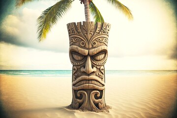 Wall Mural - Tribal Hawaiian tiki mask made of wood satisfied face on beach, created with generative ai