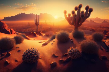 Wall Mural - desert landscape with cactus and sand dunes at sunrise, with the sun rising over the horizon, created with generative ai