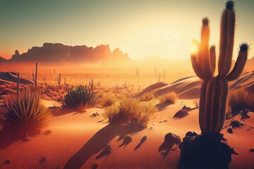 Canvas Print - desert landscape with cactus and sand dunes at sunrise, with the sun rising over the horizon, created with generative ai