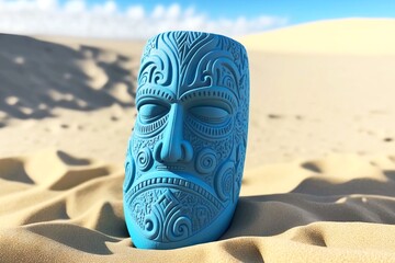 Wall Mural - Blue ethnic tiki mask sleeping face in sand, created with generative ai
