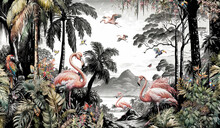 Wallpaper Jungle And Tropical Forest Banana Palm And Tropical Birds Old Drawing