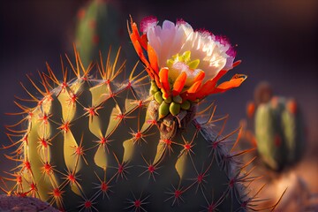 Poster - close-up of cactus flower in the desert heat, created with generative ai