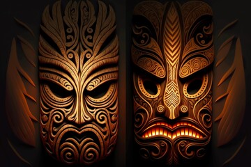 Poster - Wooden ethnic tiki mask of Mayan Indians on dark background, created with generative ai