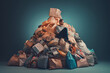 Man sits on top of pile of garbage bags. Concept of overconsumption and pollution of environment by human waste. Created with Generative AI